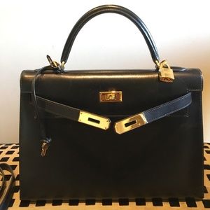 Hermès Kelly Sellier 32 Black Box Calf leather bag